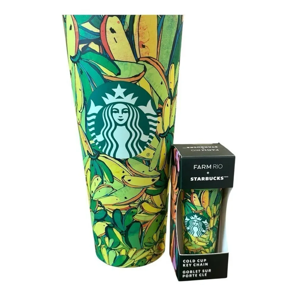Starbucks Farm Rio Banana Leaf Tumbler and matching cold cup keychain